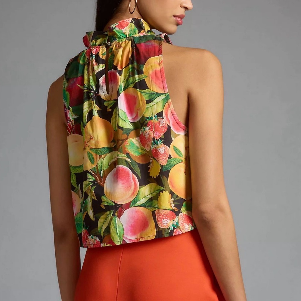 Maeve by Anthropologie Poplin Ruffle-Neck Halter Tank Fruit Tropical Print XS - Picture 5 of 13